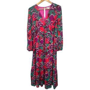 Bar III Purple Red Floral Maxi Dress Size M Long V neck Tiered